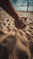 closeup of hand holding a volleyball ball in the sand, action and movement shot, vertical wallpaper, AI