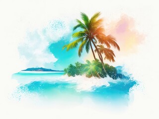 Fototapeta na wymiar colorfull painted palm trees on beach at sunset. Vintage tone, ai generative
