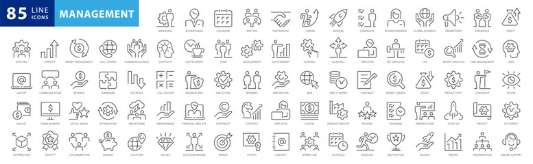 Management line icons set. Business Managment and Direction elements outline icons collection. Businessman, Career, Human Resources, Employee, Strategy, Communication, Teamwork - stock vector