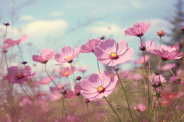 Pink cosmos flowers in a field on a sunny day