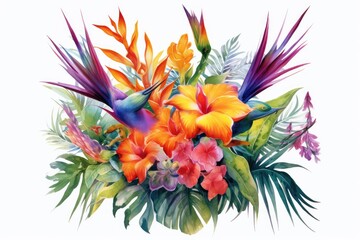 Tropical Paradise Bouquet watercolor composition. Generative AI
