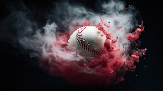 graphic baseball wallpaper, ball surrounded by red smoke and clouds on a dramatic black background, artistic sport banner, original shot, AI 