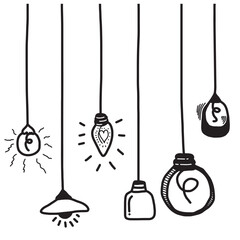 Naklejka premium Hand drawn light bulb icons with concept of idea. Doodle style. Vector illustration.