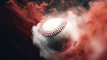 baseball flying through a red cloud of smoke, original and creative illustration, AI - obrazy, fototapety, plakaty