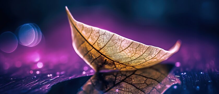 Skeletonized leaf in form of small boat with reflection in wet surface in nature. Artistic natural image in purple and magenta colors with bokeh