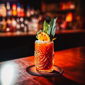 Tiki cocktail in a dimly lit bar, moody atmosphere, cosy and warm. Late night cocktail bar, restaurant. Rum drinks. Tiki Drinks. Generative AI.