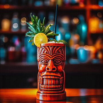 Tiki cocktail in a dimly lit bar, moody atmosphere, cosy and warm. Late night cocktail bar, restaurant. Rum drinks. Tiki Drinks. Generative AI.