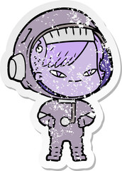 distressed sticker of a cartoon astronaut woman