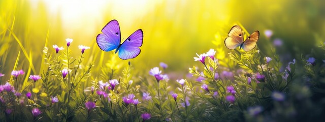 Small wild purple flowers in grass and two yellow butterflies soaring in nature in rays of sunlight close-up. Spring summer natural landscape