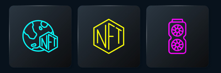 Set line NFT Digital crypto art, Video graphic card and . Black square button. Vector