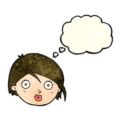 cartoon surprised female face with thought bubble