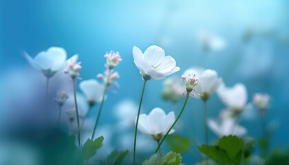 Spring forest white flowers primroses on a beautiful blue background. Macro. Blurred gentle sky-blue background. Floral background desktop wallpaper a postcard. Romantic soft gentle artistic image