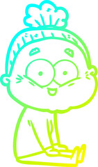 cold gradient line drawing of a cartoon happy old woman