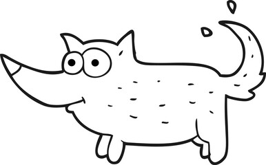 freehand drawn black and white cartoon dog wagging tail