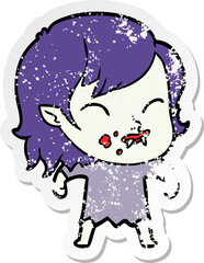 distressed sticker of a cartoon vampire girl with blood on cheek