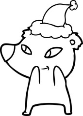 cute hand drawn line drawing of a bear wearing santa hat