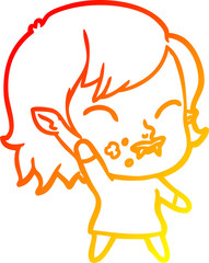 warm gradient line drawing of a cartoon vampire girl with blood on cheek