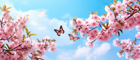 Large format spring image of blooming nature. Branches of pink cherry blossoms and fluttering butterflies against a blue sky with clouds on bright sunny day