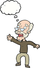 cartoon frightened old man with thought bubble
