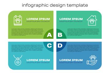 Set line Collar with name tag, Calendar grooming, Hands animals footprint and Pet house. Business infographic template. Vector