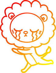 warm gradient line drawing of a crying cartoon lion