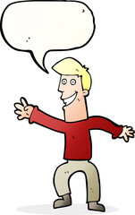 cartoon happy man dancing with speech bubble