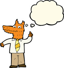 cartoon business fox with idea with thought bubble