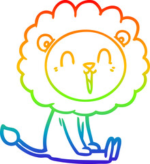 rainbow gradient line drawing of a laughing lion cartoon sitting