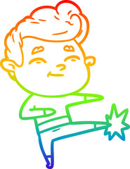rainbow gradient line drawing of a happy cartoon man kicking