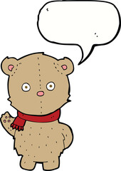 cartoon teddy bear wearing scarf with speech bubble