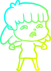 cold gradient line drawing of a cartoon worried woman