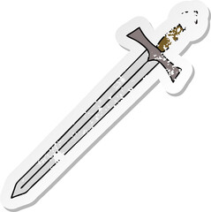 distressed sticker of a quirky hand drawn cartoon sword