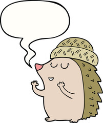 cartoon hedgehog wearing hat with speech bubble