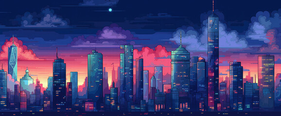 Night city in New York City. game-pixel art style like in old games, like old 8-bit games