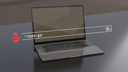 Laptop illustration with black background transparent glass 3D render, AI robot technology data theme ,chat bot , AI robot voice