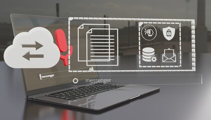 laptop illustration with transparent black glass background 3D render, AI robot technology data theme,chat bot, ai robot voice, data server could, security shield, message, 