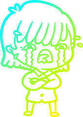 cold gradient line drawing of a cartoon girl crying