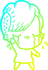 cold gradient line drawing of a cartoon crying girl waving