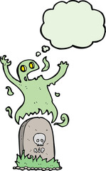 cartoon ghost rising from grave with thought bubble