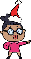 hand drawn line drawing of a pointing woman wearing spectacles wearing santa hat
