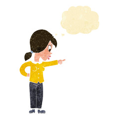cartoon enthusiastic woman pointing with thought bubble