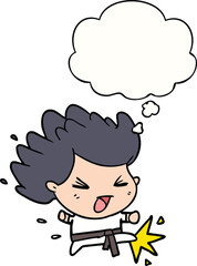 cartoon kicking karate champ with thought bubble