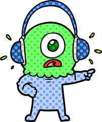 cartoon cyclops alien spaceman pointing wearing headphones