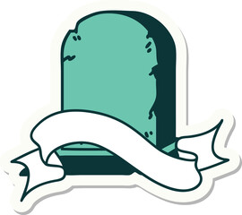 tattoo style sticker with banner of a grave stone