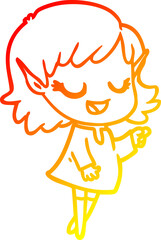 warm gradient line drawing of a happy cartoon elf girl pointing