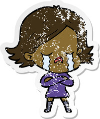 distressed sticker of a cartoon girl crying