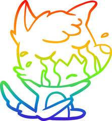 rainbow gradient line drawing of a crying fox cartoon