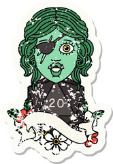 grunge sticker of a half orc rogue with natural twenty dice roll