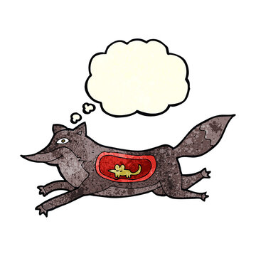 cartoon wolf with mouse in belly with thought bubble
