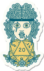 sticker of a human barbarian with natural twenty dice roll